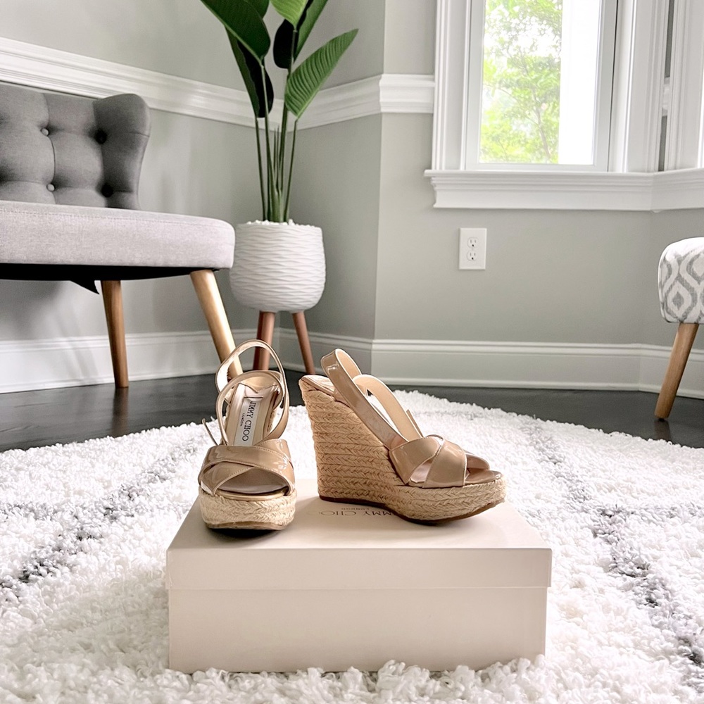 JIMMY CHOO Phoenix Blush Nude Patent Leather Espadrille Mule Wedge Sandals 36💕